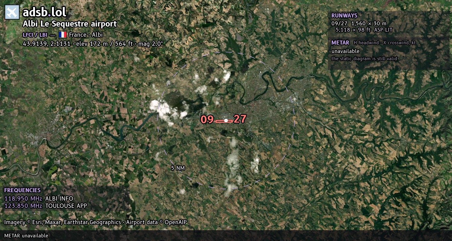 Satellite map with the runway layout of Albi Le Sequestre airport (LFCI)