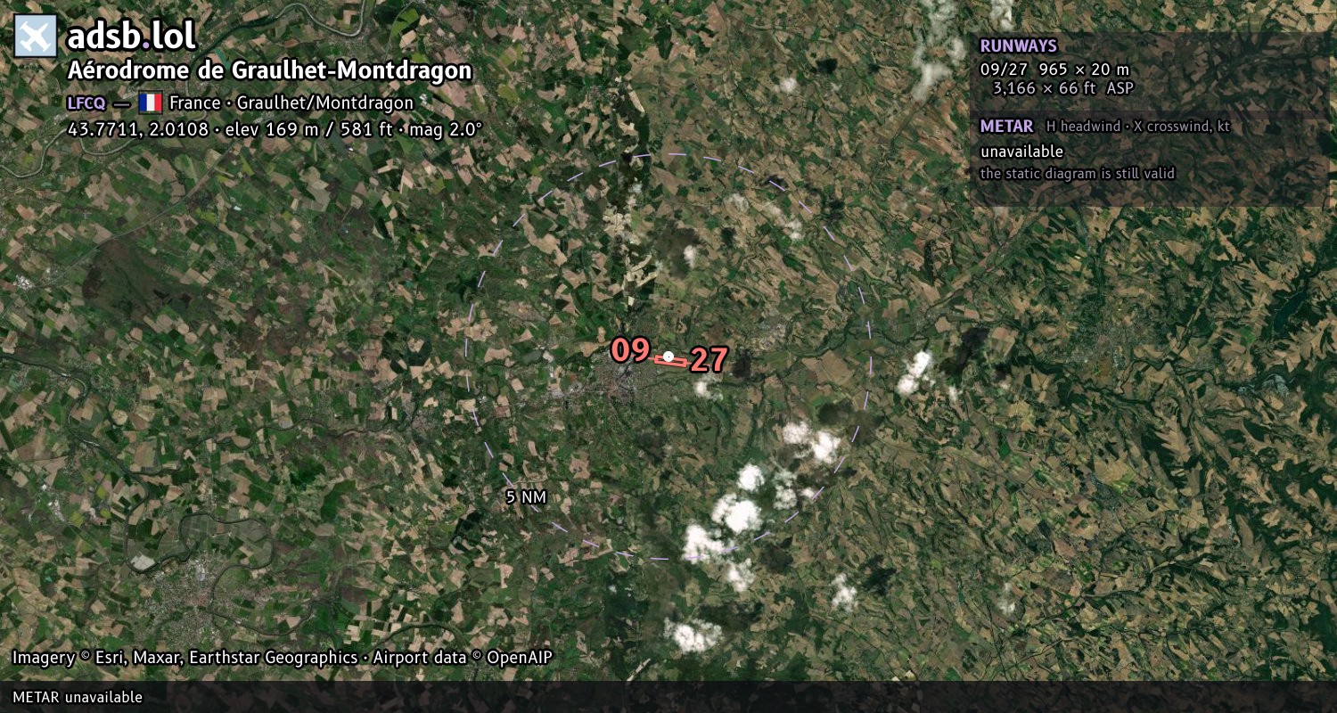 Satellite map with the runway layout of Aérodrome de Graulhet-Montdragon (LFCQ)