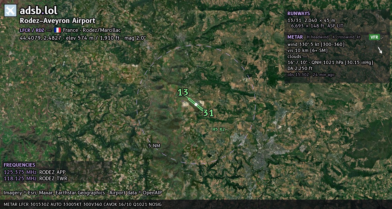 Satellite map with the runway layout of Rodez–Aveyron Airport (LFCR)
