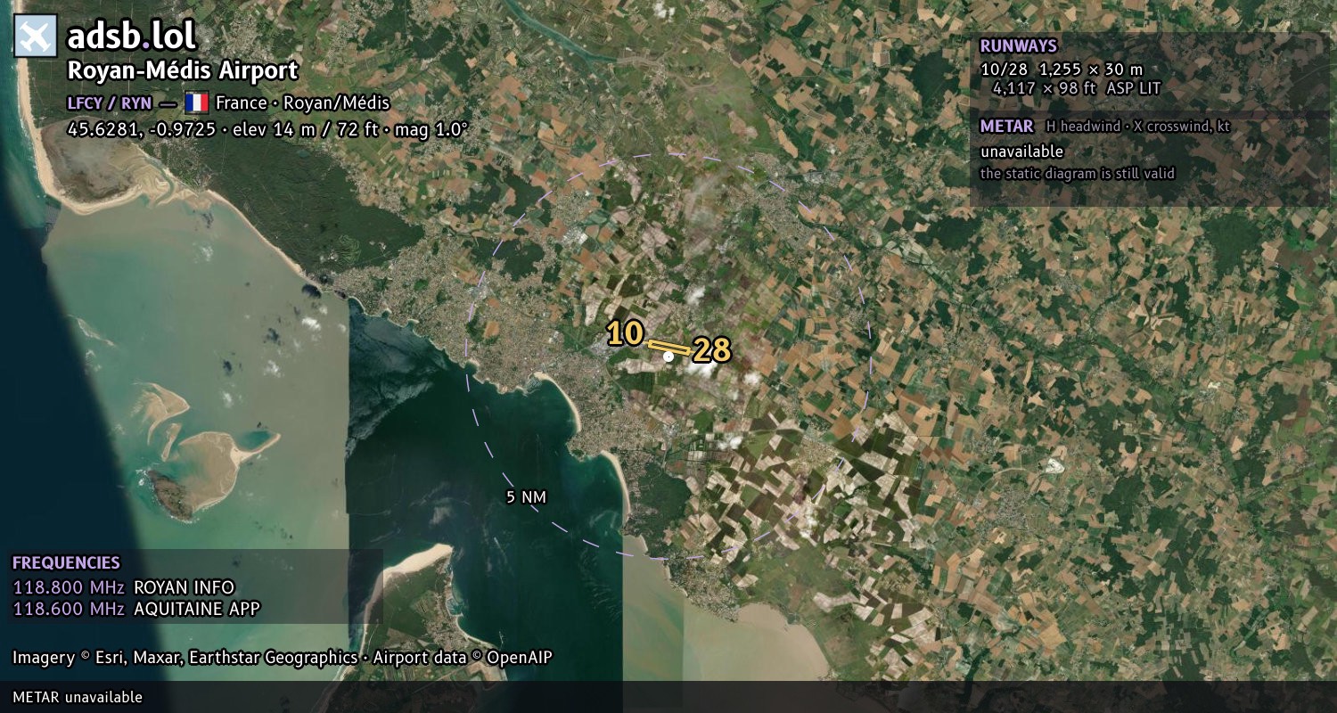 Satellite map with the runway layout of Royan-Médis Airport (LFCY)