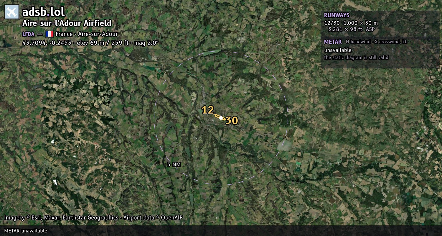Satellite map with the runway layout of Aire-sur-l'Adour Airfield (LFDA)