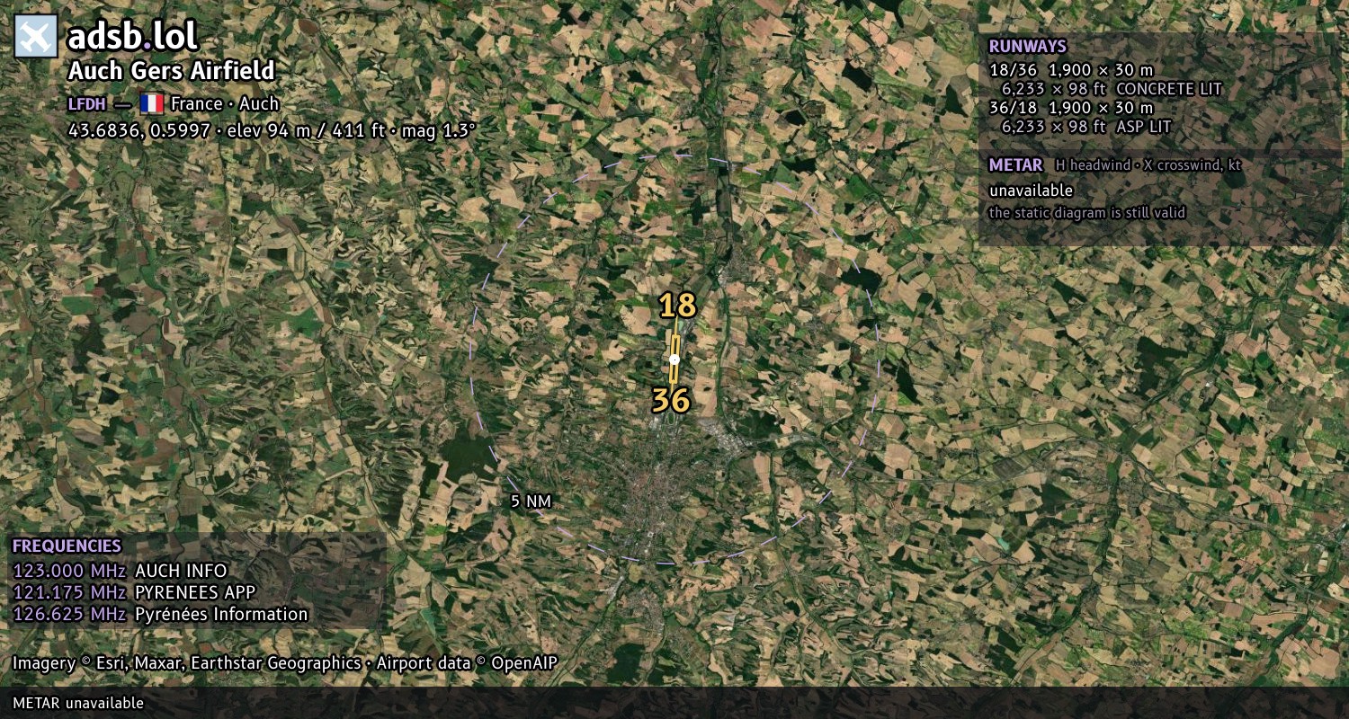 Satellite map with the runway layout of Auch Gers Airfield (LFDH)