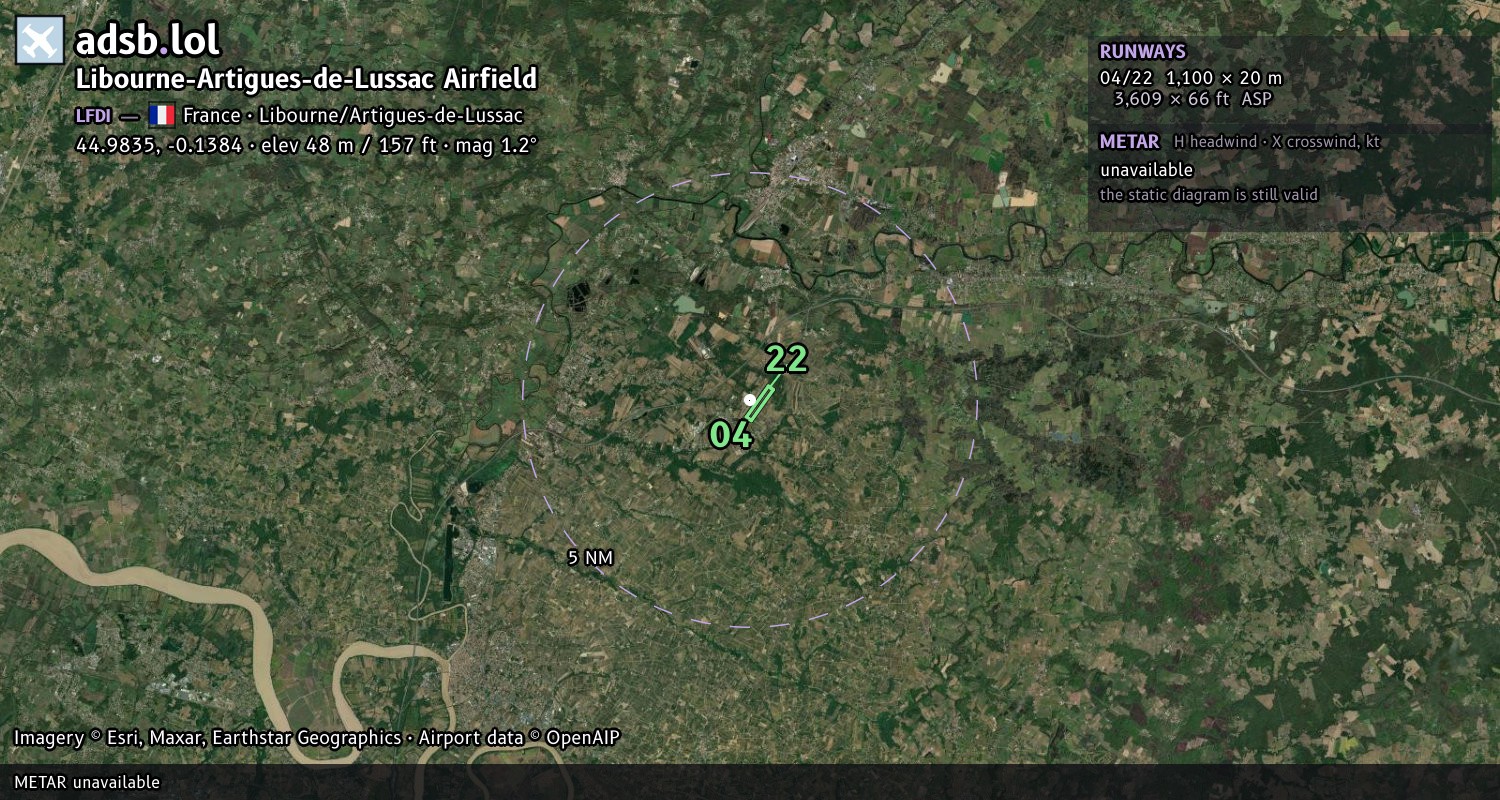 Satellite map with the runway layout of Libourne-Artigues-de-Lussac Airfield (LFDI)