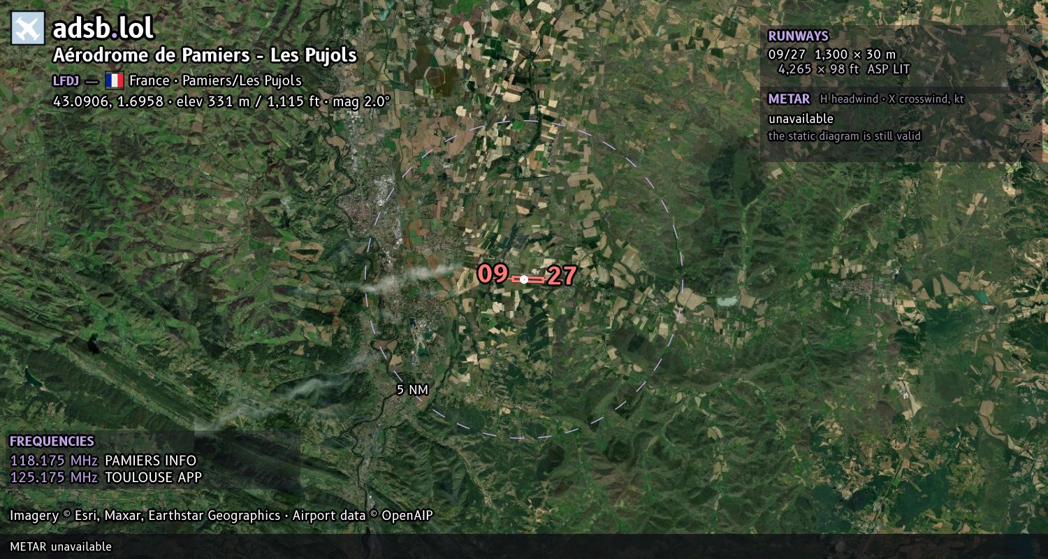 Satellite map with the runway layout of Aérodrome de Pamiers - Les Pujols (LFDJ)