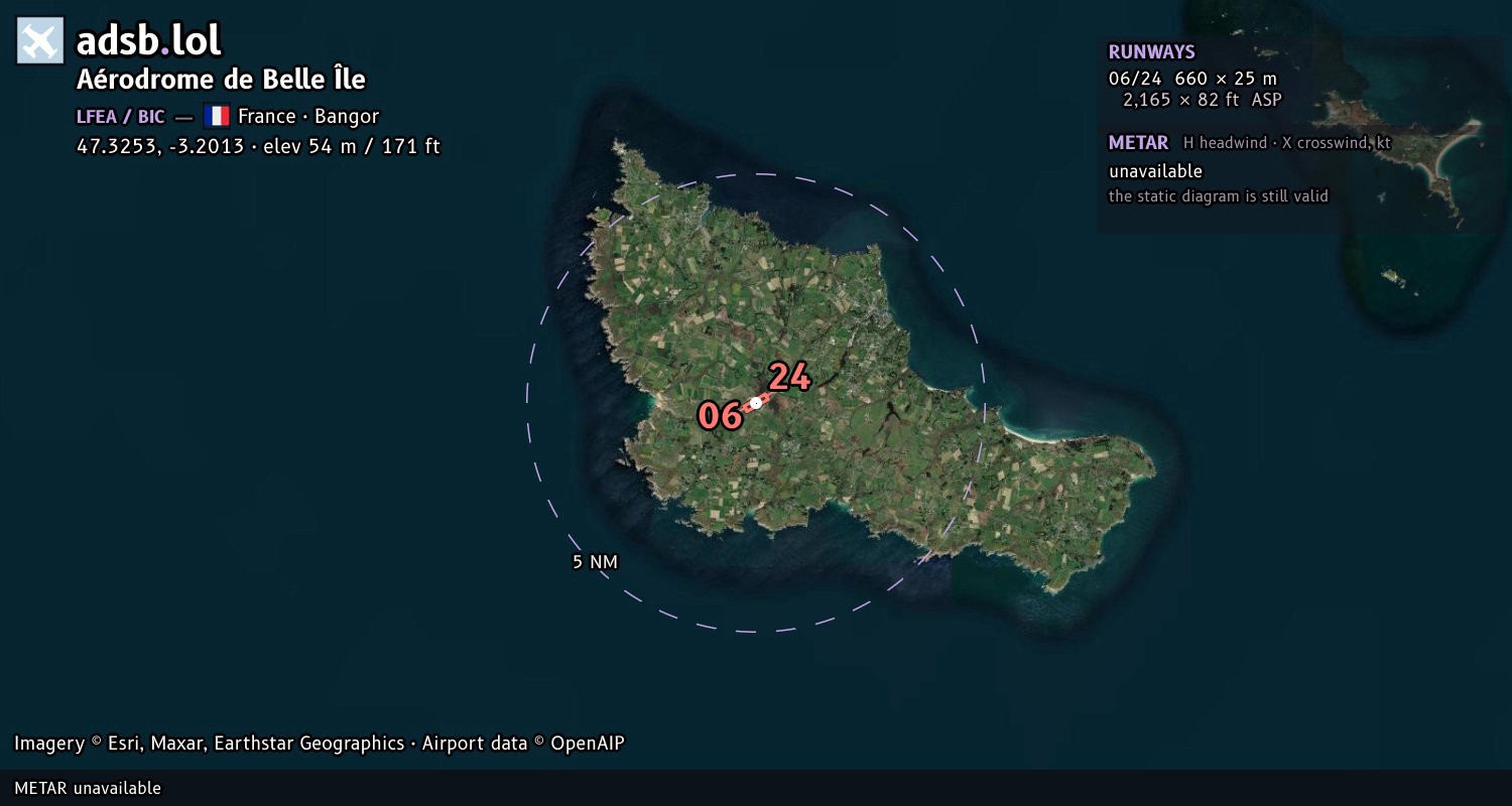 Satellite map with the runway layout of Aérodrome de Belle Île (LFEA)