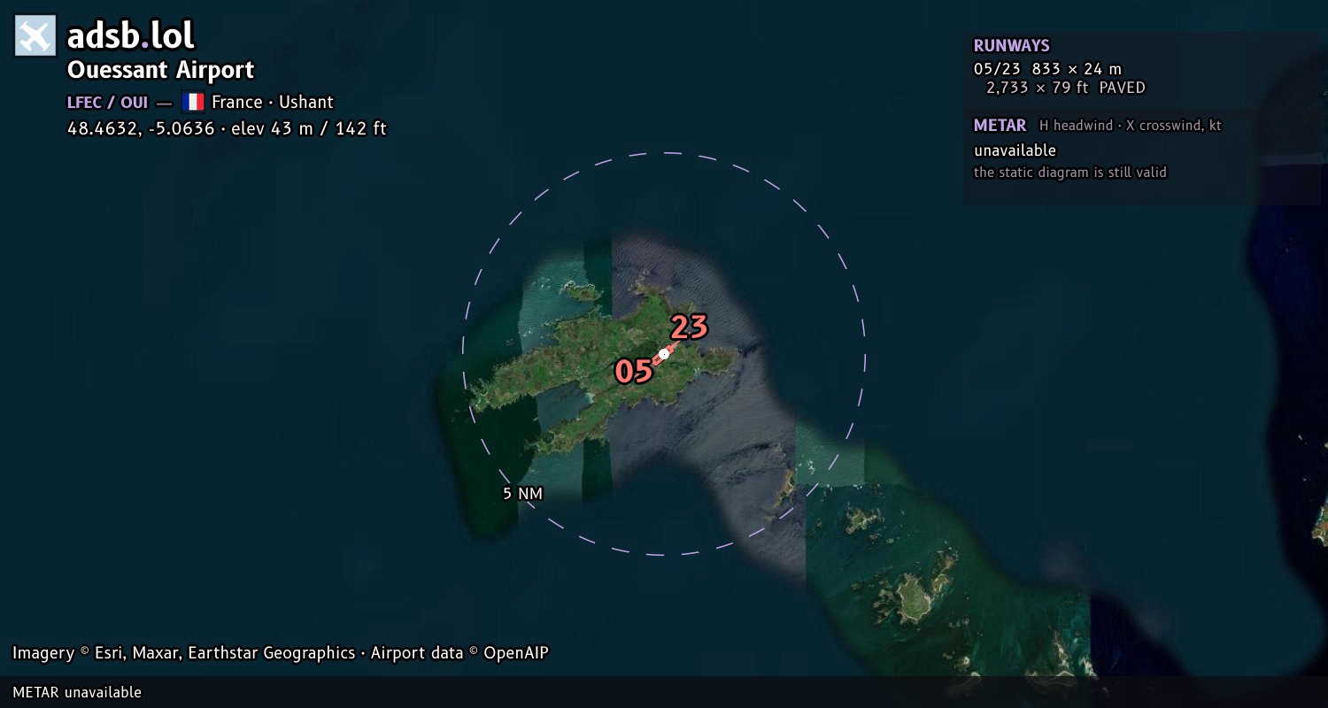 Satellite map with the runway layout of Ouessant Airport (LFEC)