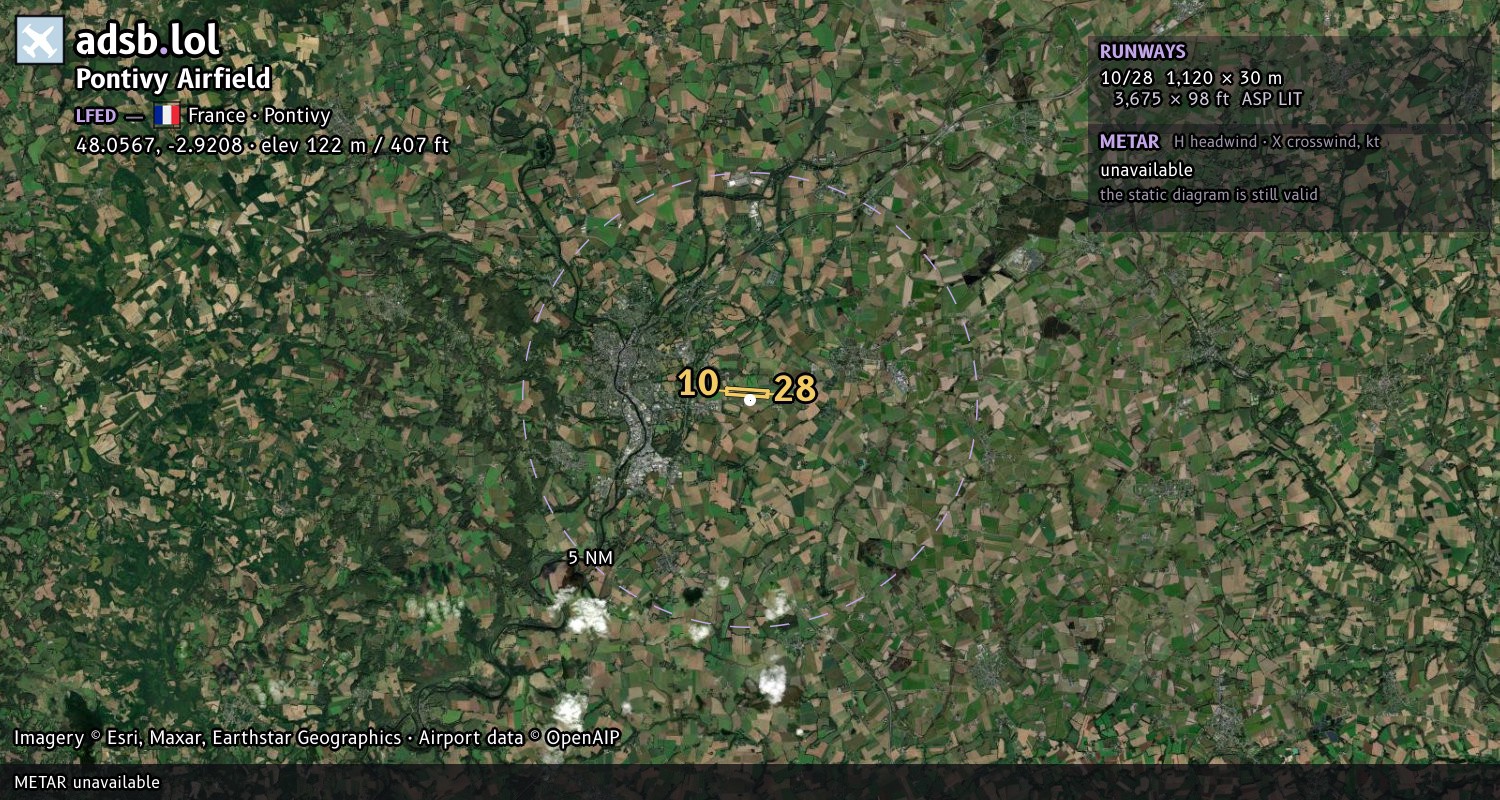 Satellite map with the runway layout of Pontivy Airfield (LFED)