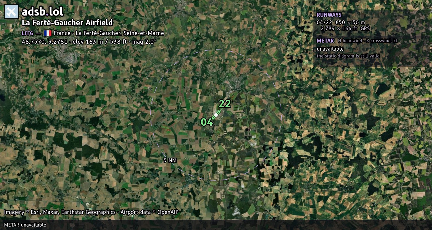 Satellite map with the runway layout of La Ferté-Gaucher Airfield (LFFG)