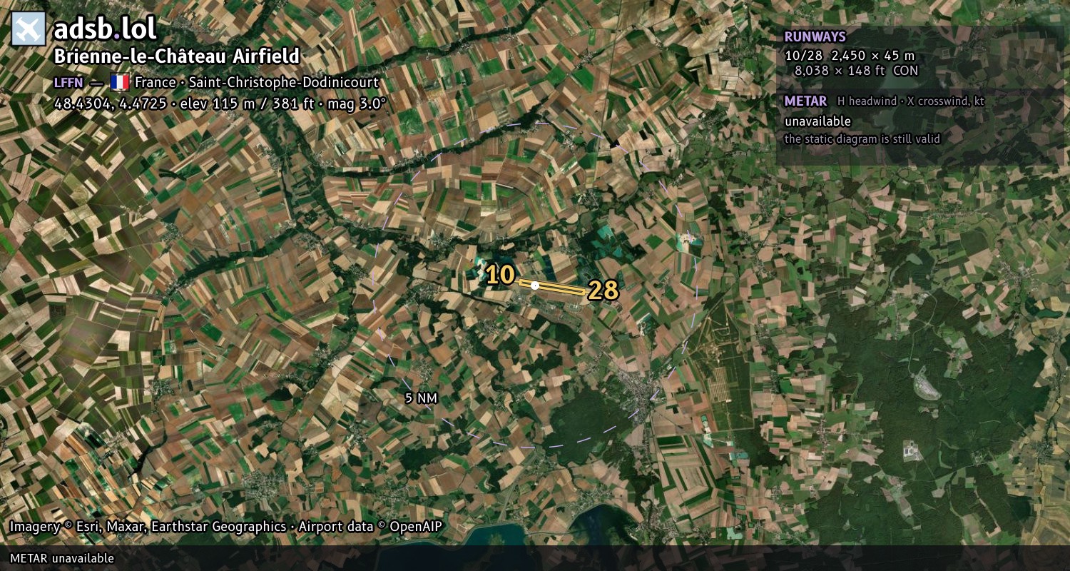Satellite map with the runway layout of Brienne-le-Château Airfield (LFFN)