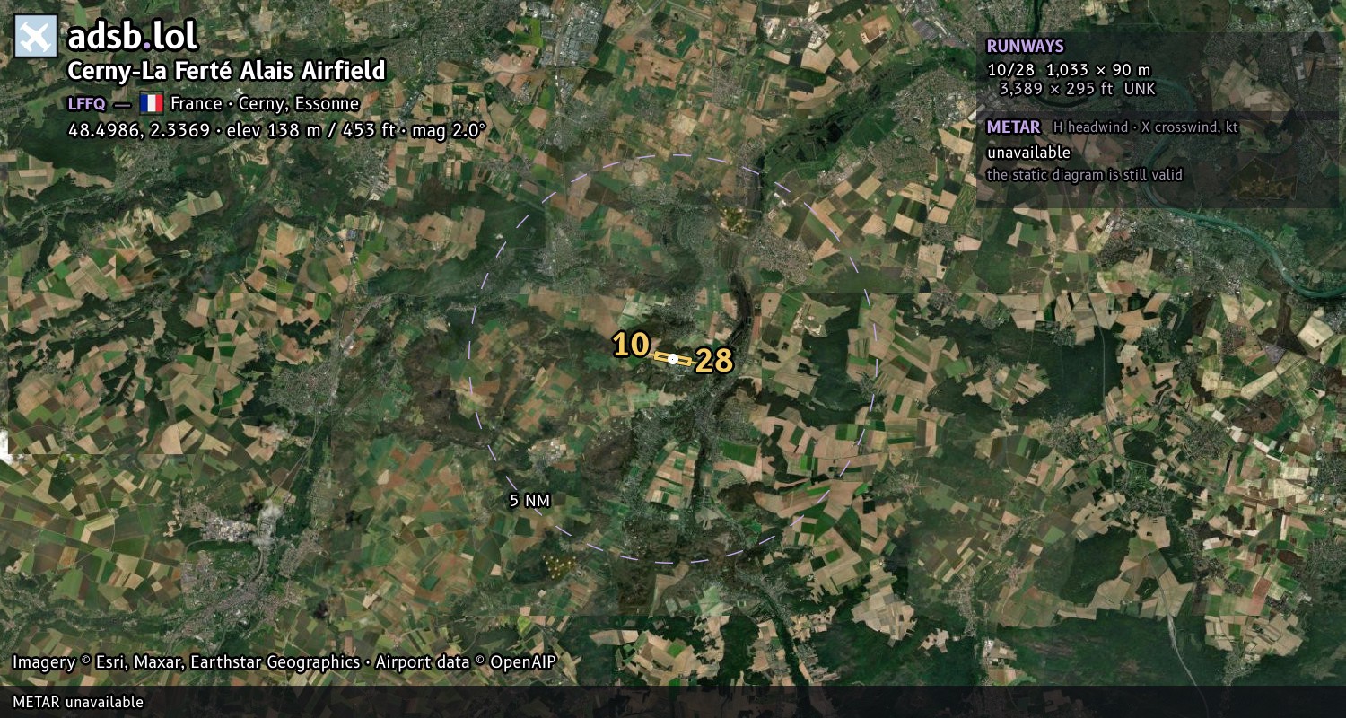 Satellite map with the runway layout of Cerny-La Ferté Alais Airfield (LFFQ)