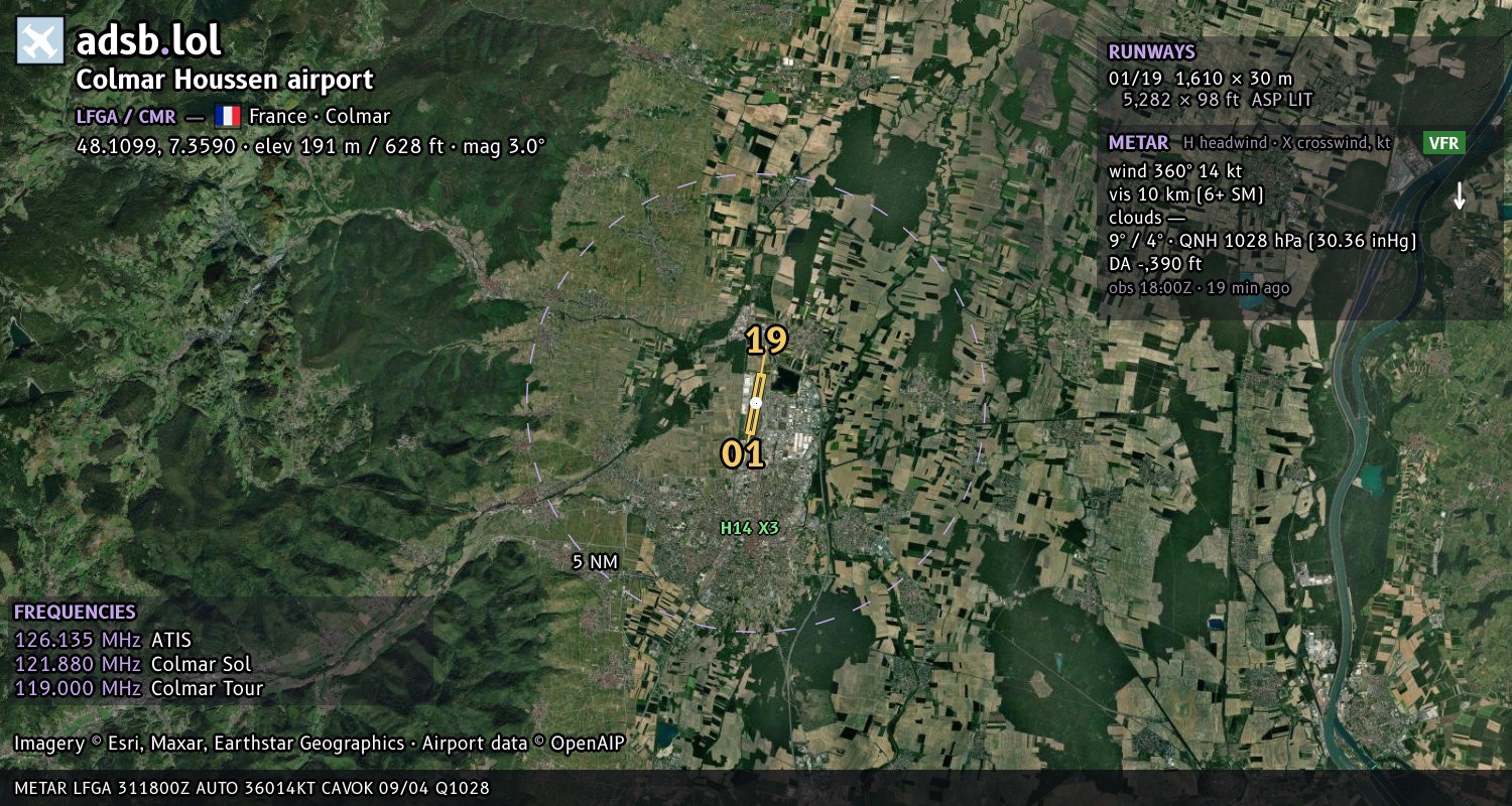 Satellite map with the runway layout of Colmar Houssen airport (LFGA)