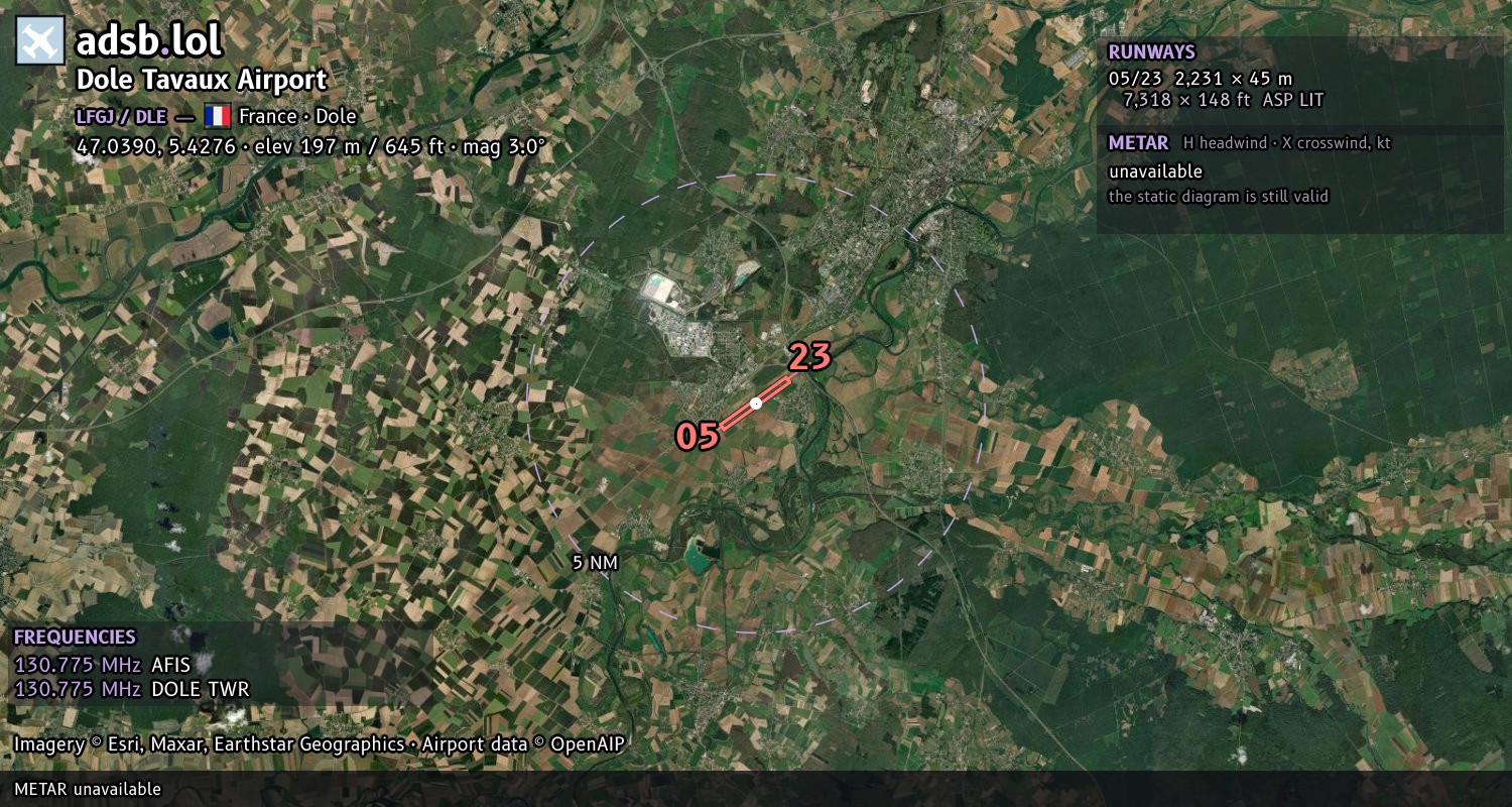 Satellite map with the runway layout of Dole Tavaux Airport (LFGJ)