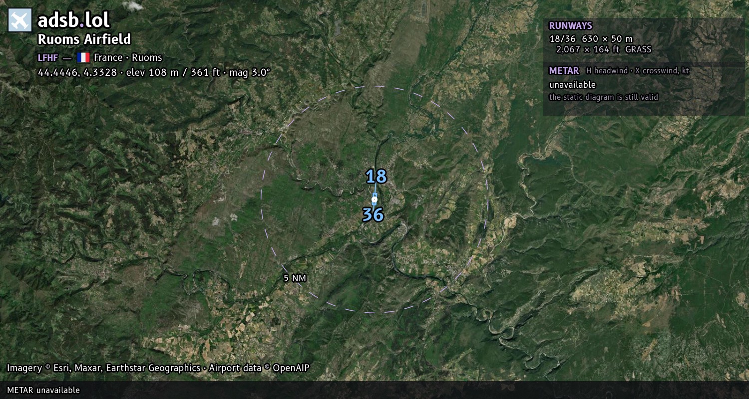 Satellite map with the runway layout of Ruoms Airfield (LFHF)
