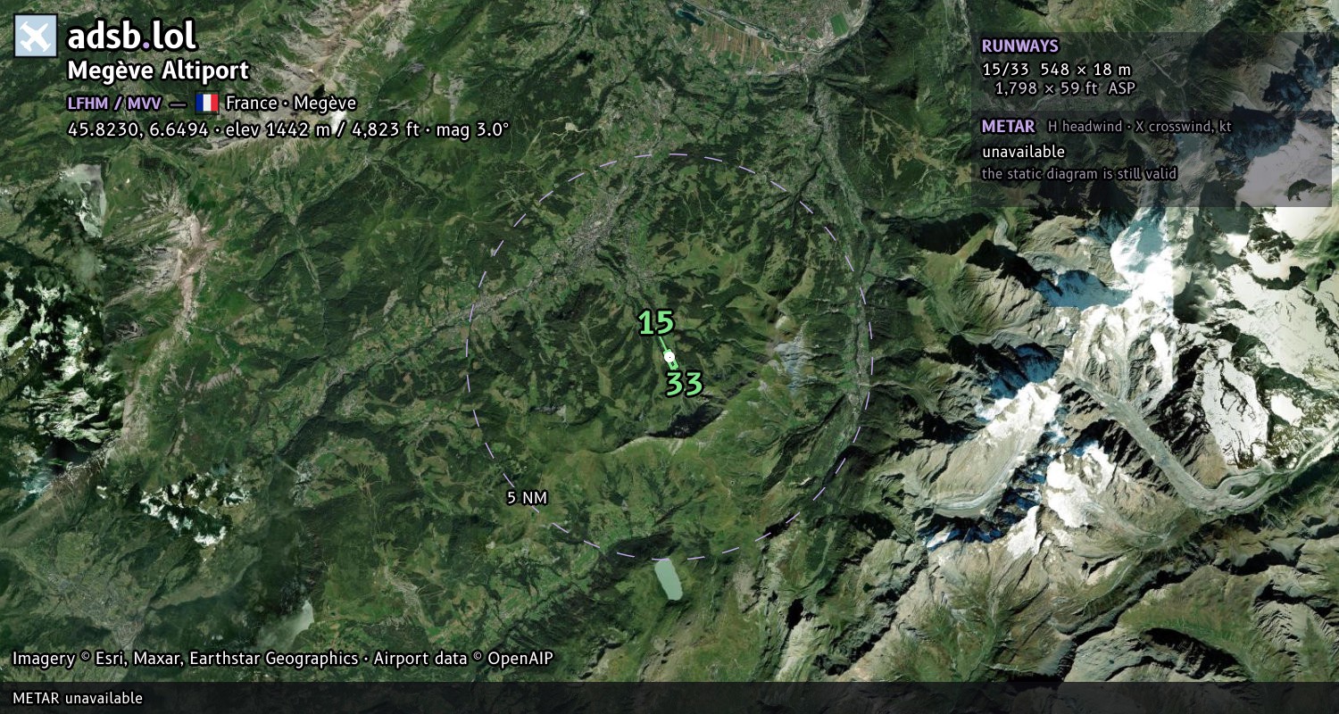 Satellite map with the runway layout of Megève Altiport (LFHM)