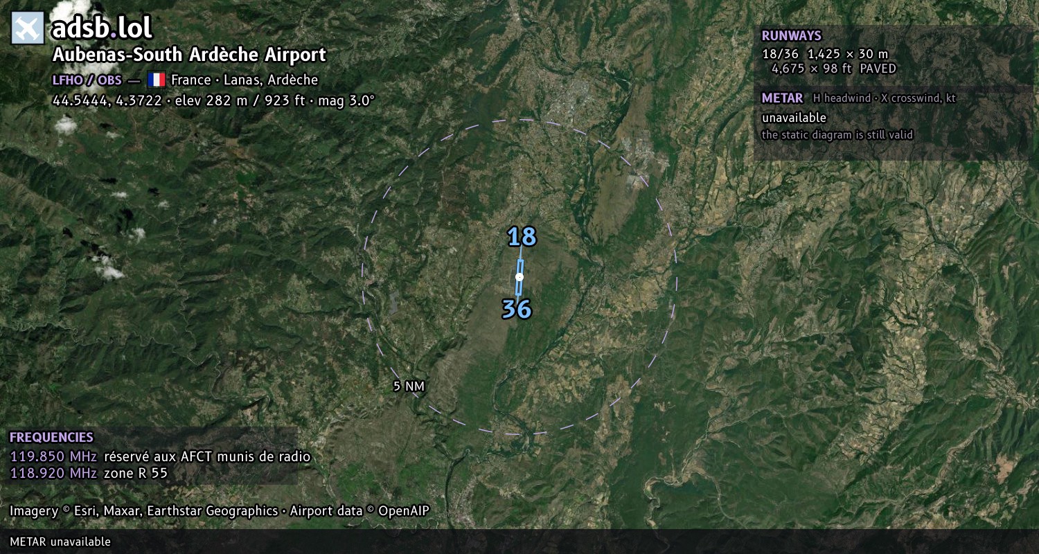 Satellite map with the runway layout of Aubenas-South Ardèche Airport (LFHO)