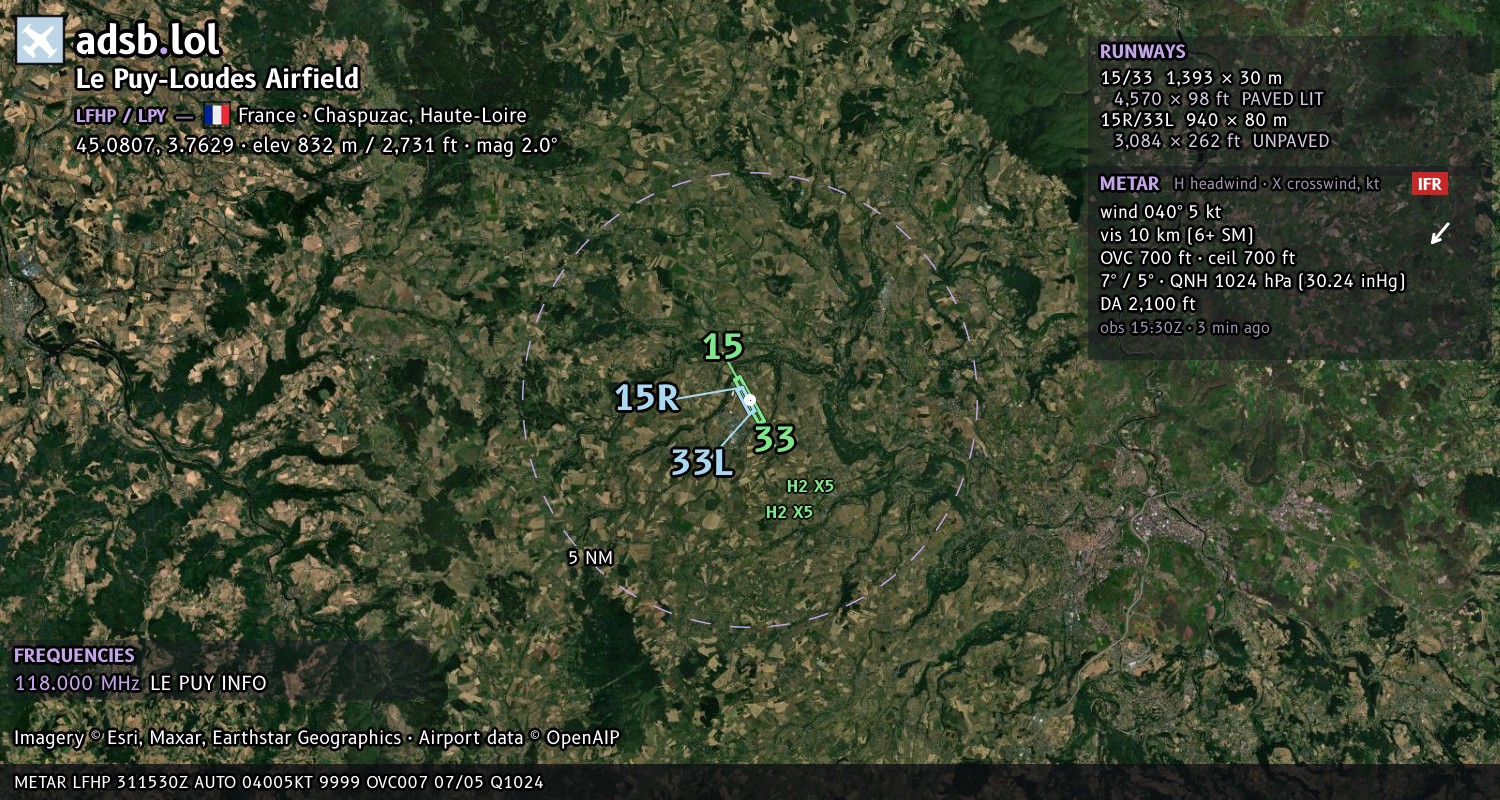 Satellite map with the runway layout of Le Puy-Loudes Airfield (LFHP)