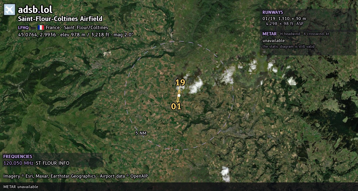 Satellite map with the runway layout of Saint-Flour-Coltines Airfield (LFHQ)