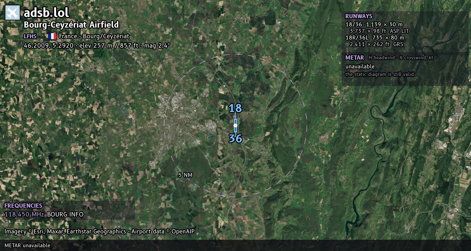 Satellite map with the runway layout of Bourg-Ceyzériat Airfield (LFHS)