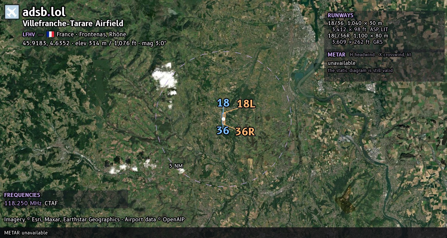 Satellite map with the runway layout of Villefranche-Tarare Airfield (LFHV)