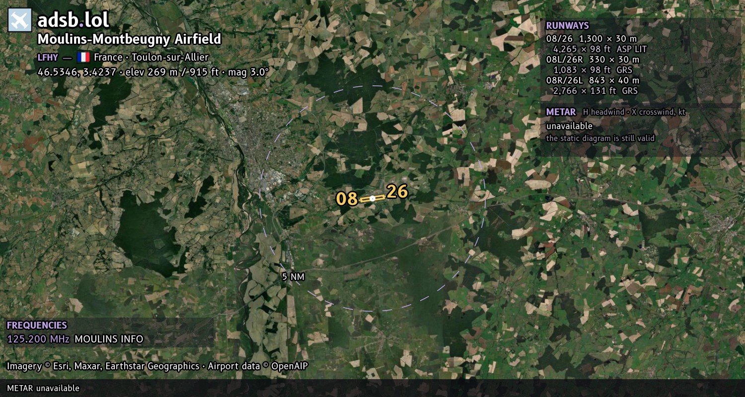Satellite map with the runway layout of Moulins-Montbeugny Airfield (LFHY)