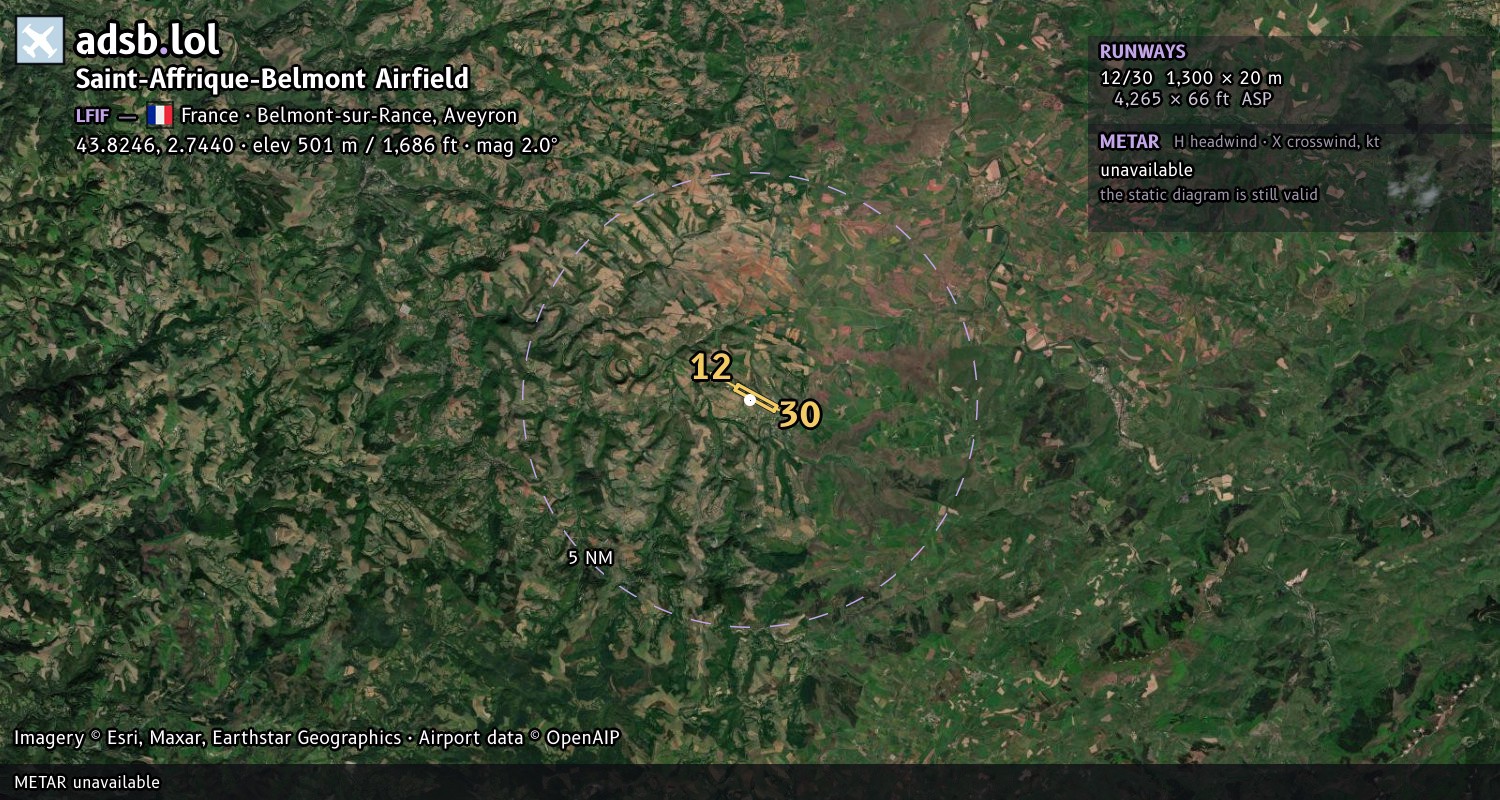 Satellite map with the runway layout of Saint-Affrique-Belmont Airfield (LFIF)