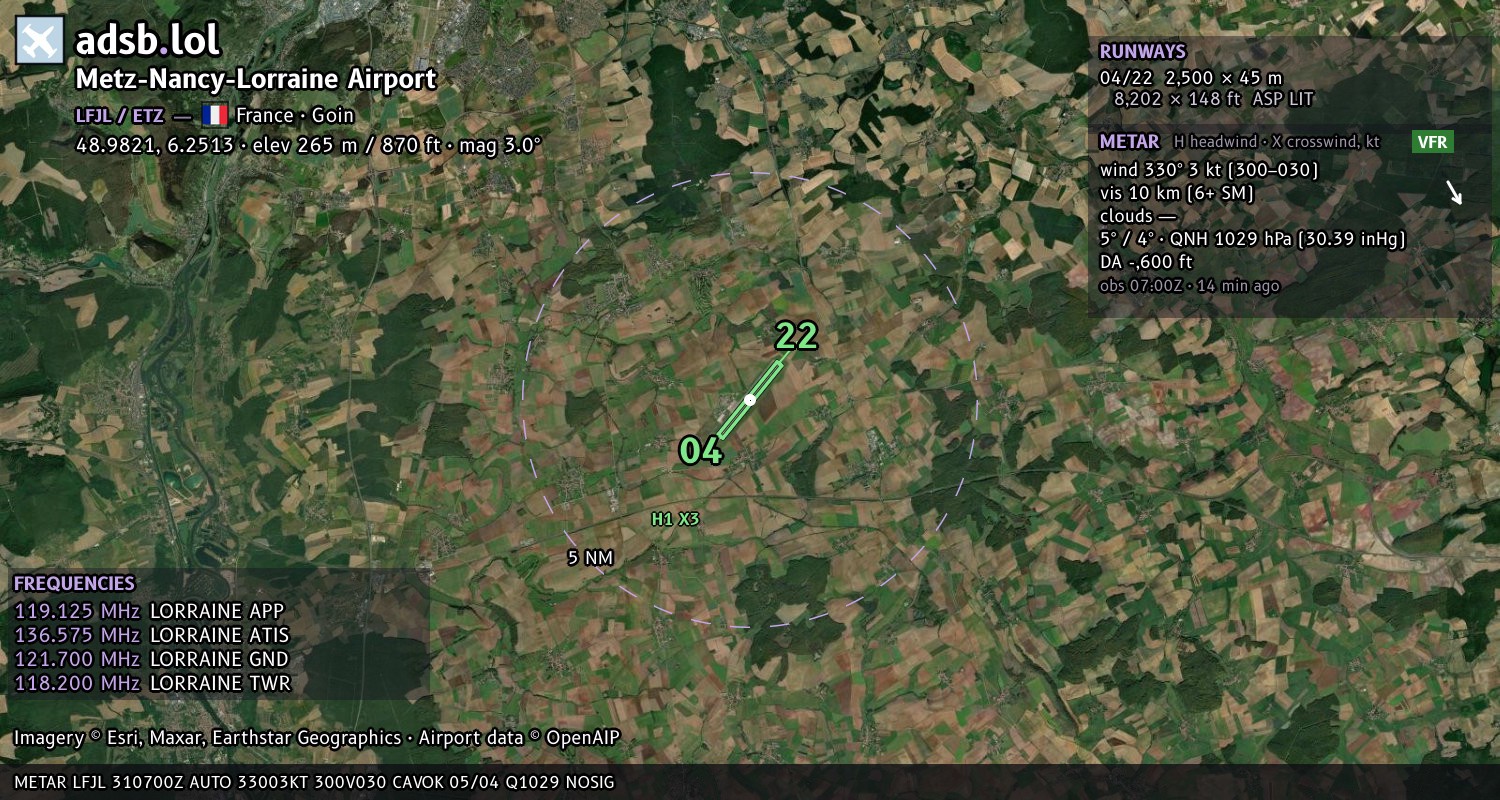 Satellite map with the runway layout of Metz-Nancy-Lorraine Airport (LFJL)