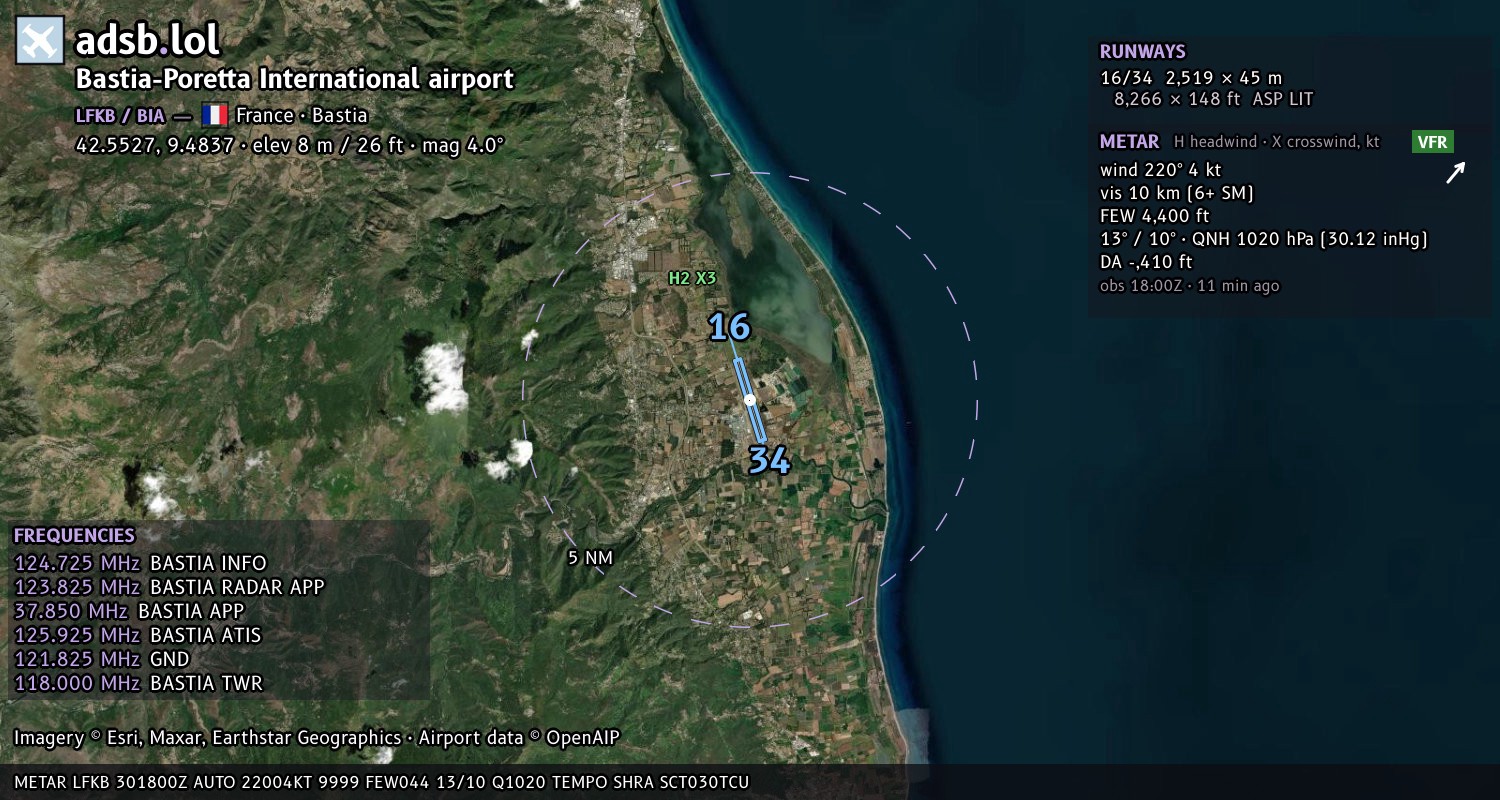 Satellite map with the runway layout of Bastia-Poretta International airport (LFKB)
