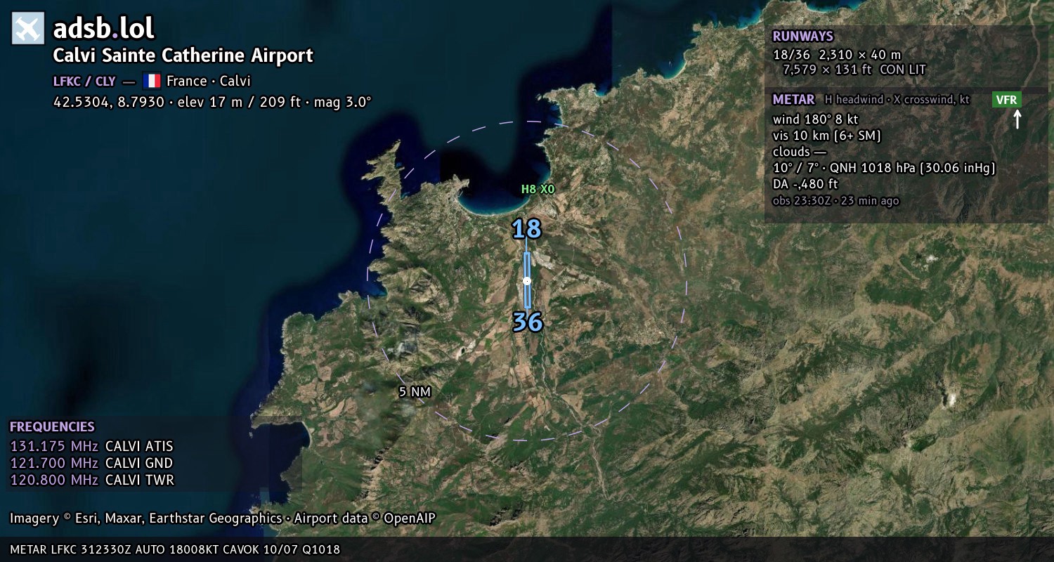 Satellite map with the runway layout of Calvi Sainte Catherine Airport (LFKC)