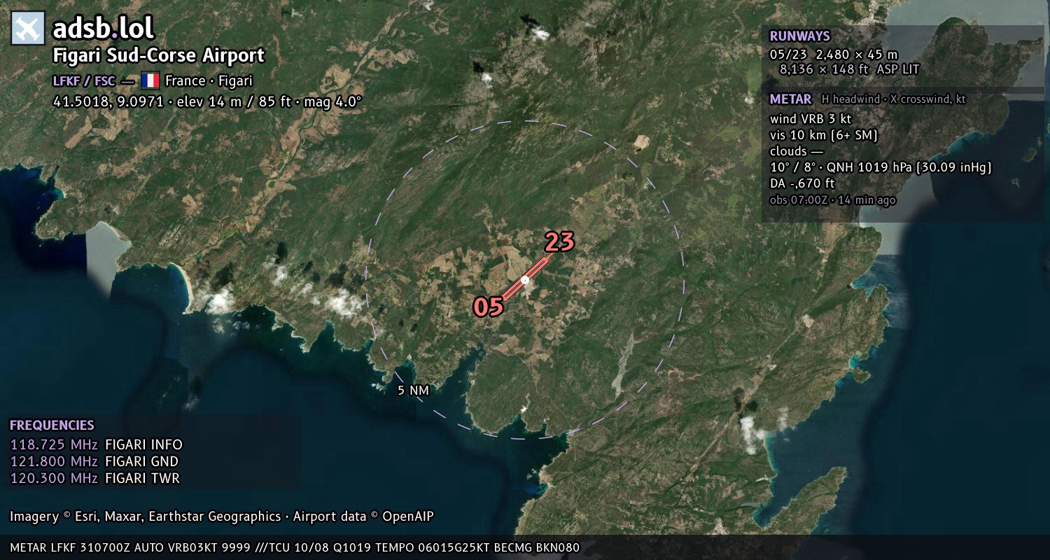 Satellite map with the runway layout of Figari Sud-Corse Airport (LFKF)