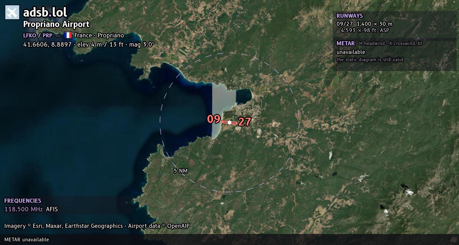 Satellite map with the runway layout of Propriano Airport (LFKO)