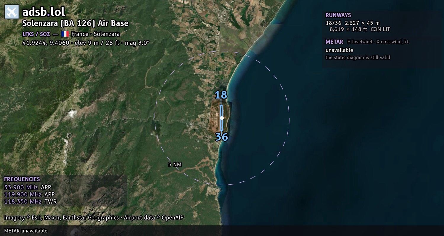 Satellite map with the runway layout of Solenzara (BA 126) Air Base (LFKS)