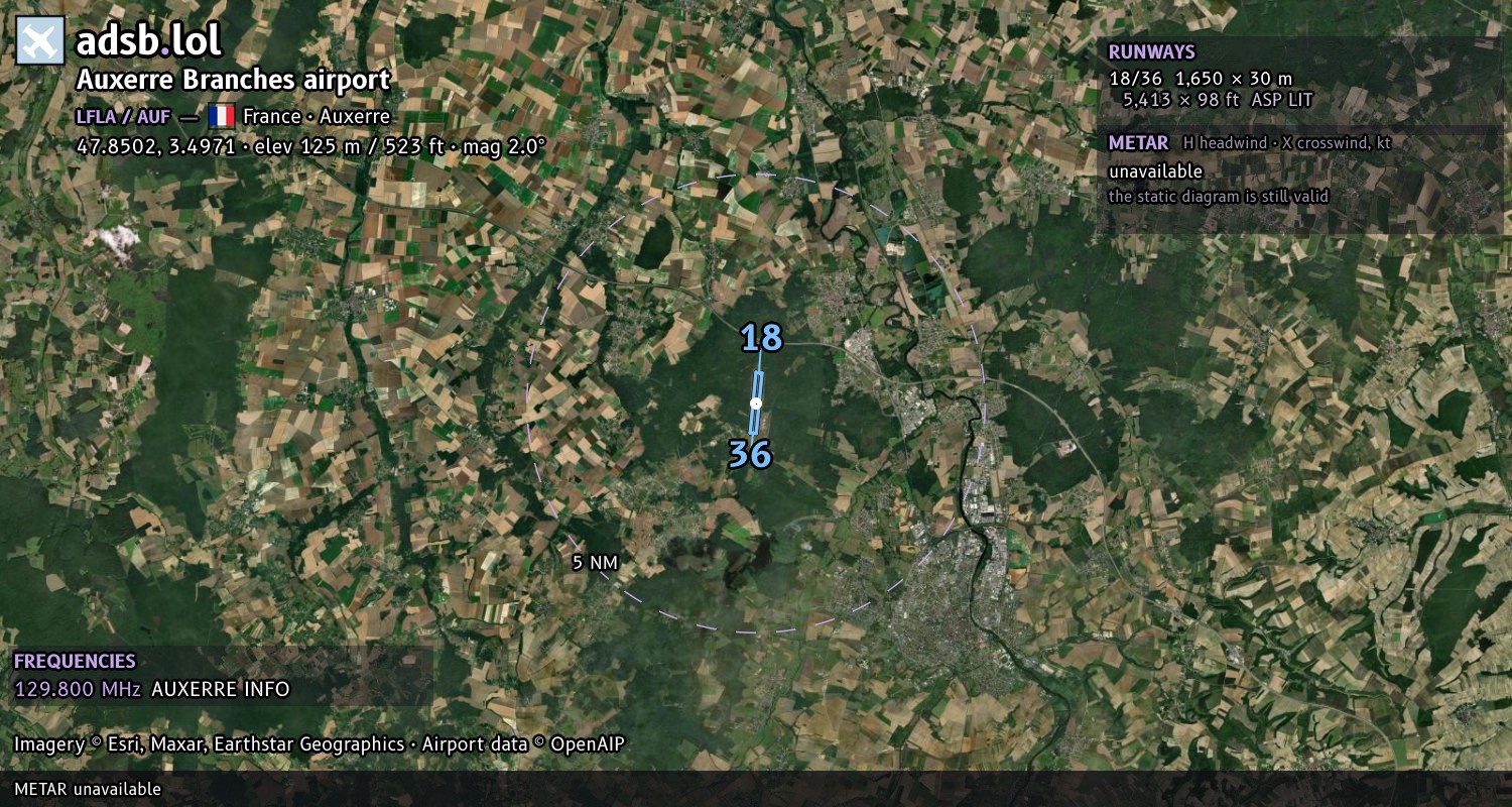 Satellite map with the runway layout of Auxerre Branches airport (LFLA)