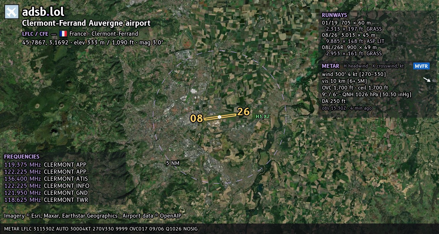 Satellite map with the runway layout of Clermont-Ferrand Auvergne airport (LFLC)