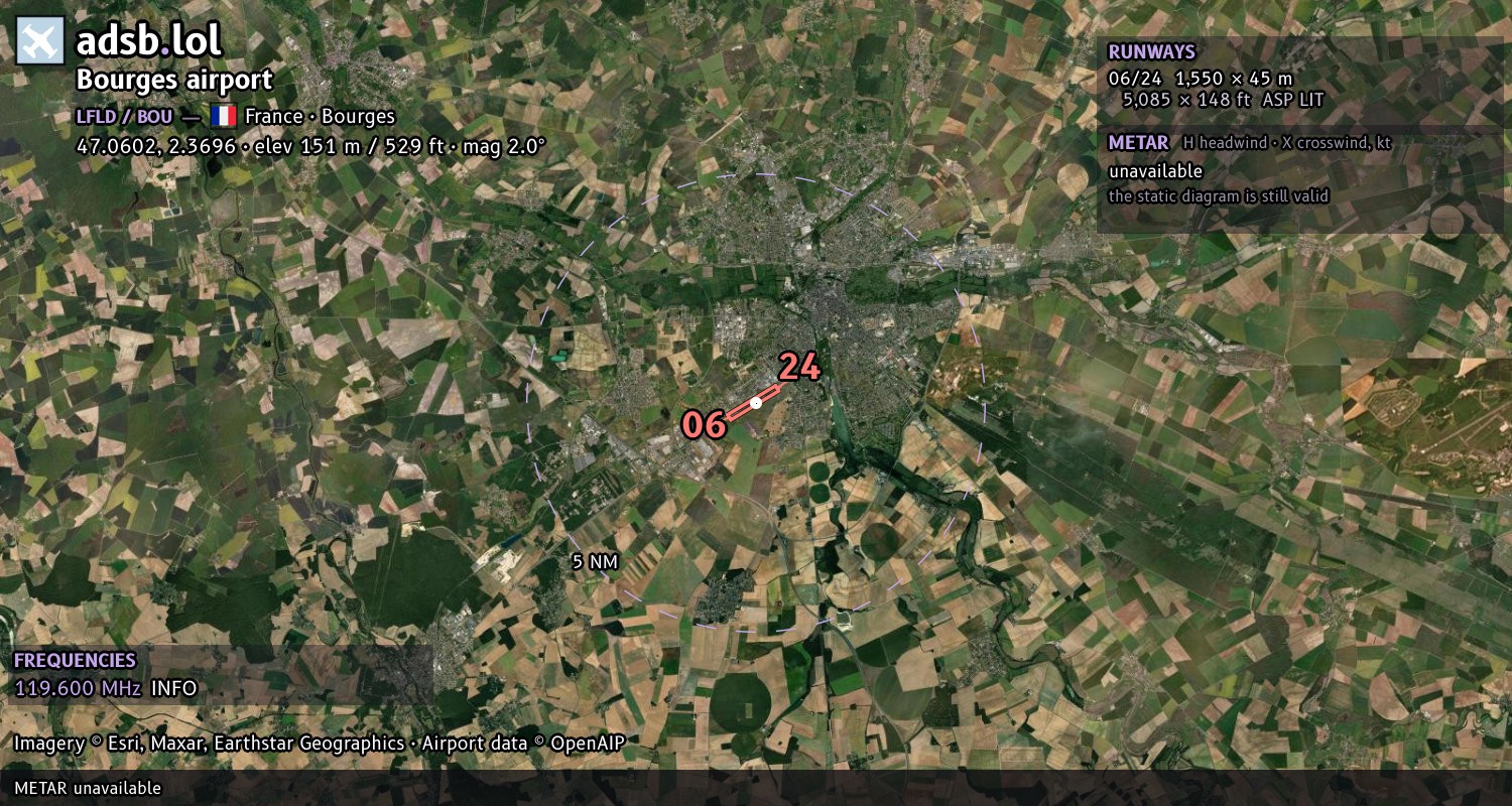 Satellite map with the runway layout of Bourges airport (LFLD)