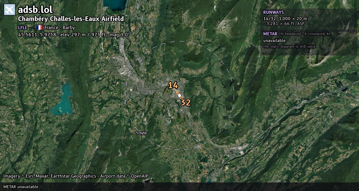 Satellite map with the runway layout of Chambéry Challes-les-Eaux Airfield (LFLE)
