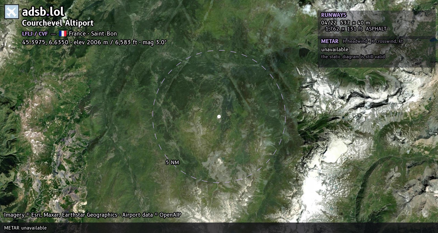 Satellite map with the runway layout of Courchevel Altiport (LFLJ)