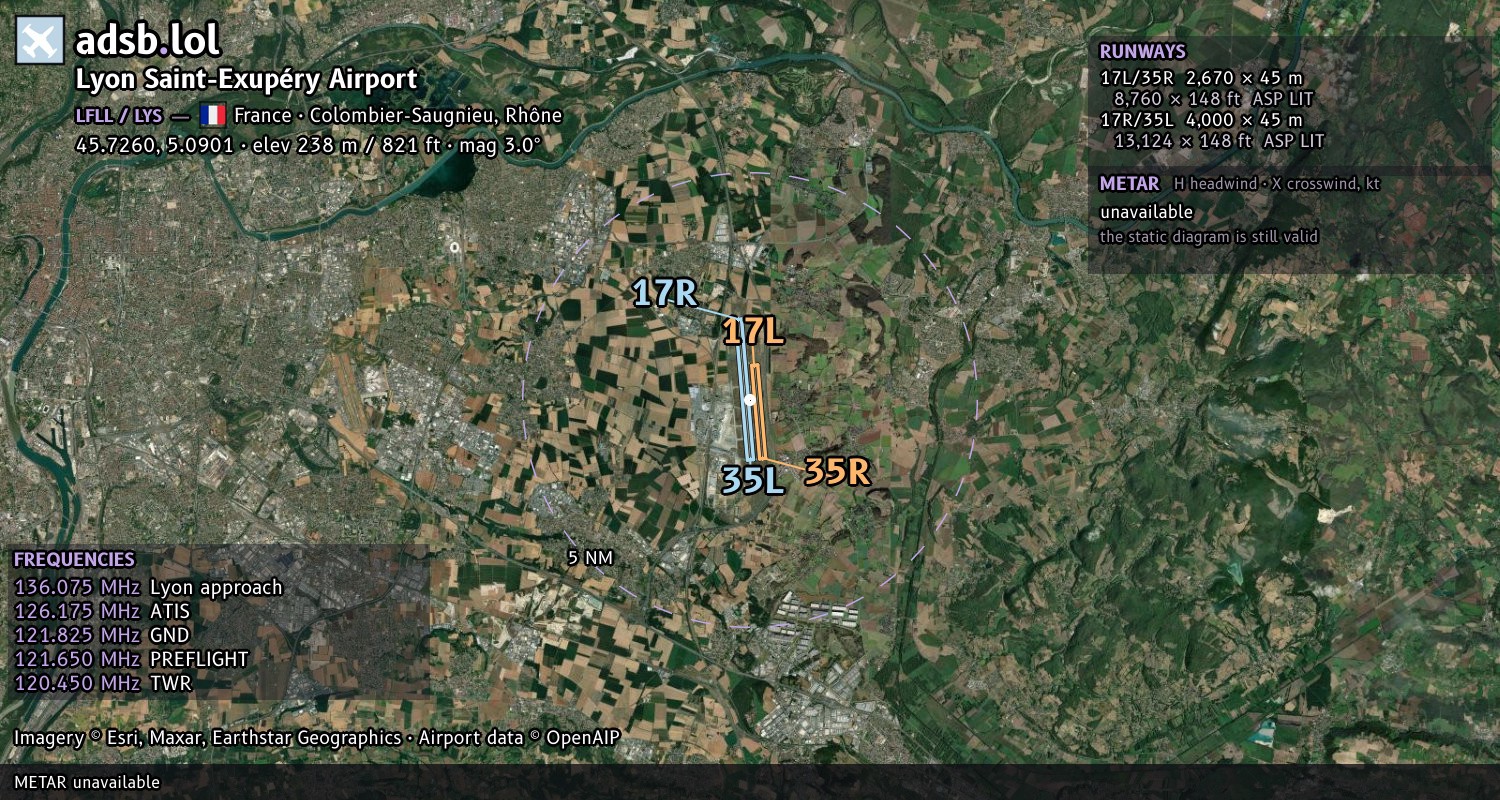 Satellite map with the runway layout of Lyon Saint-Exupéry Airport (LFLL)