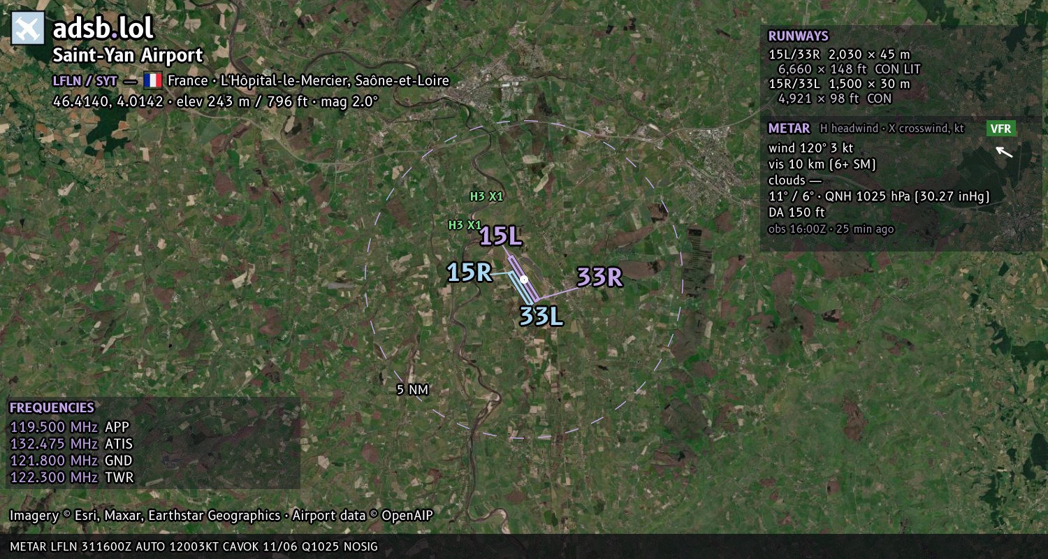 Satellite map with the runway layout of Saint-Yan Airport (LFLN)