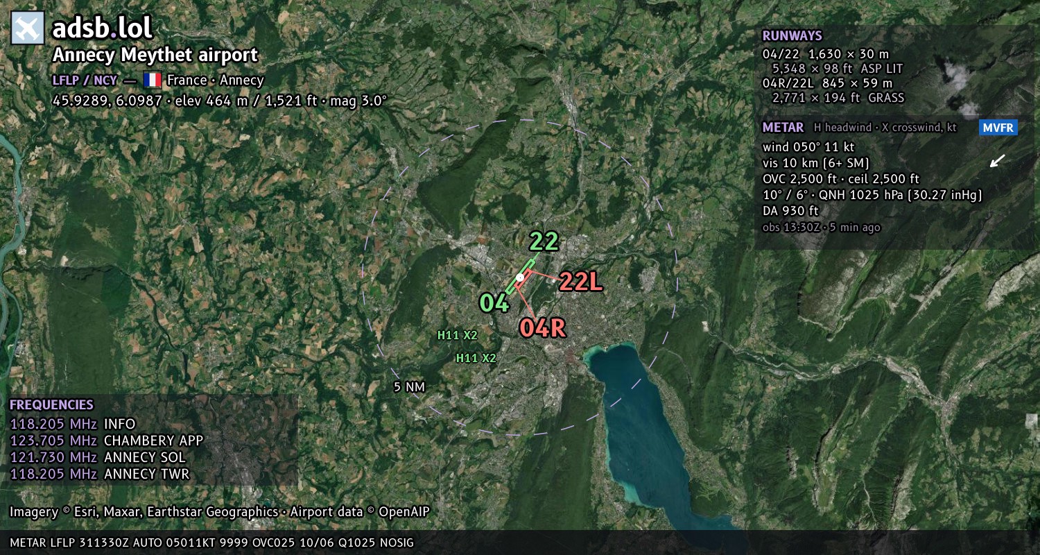 Satellite map with the runway layout of Annecy Meythet airport (LFLP)