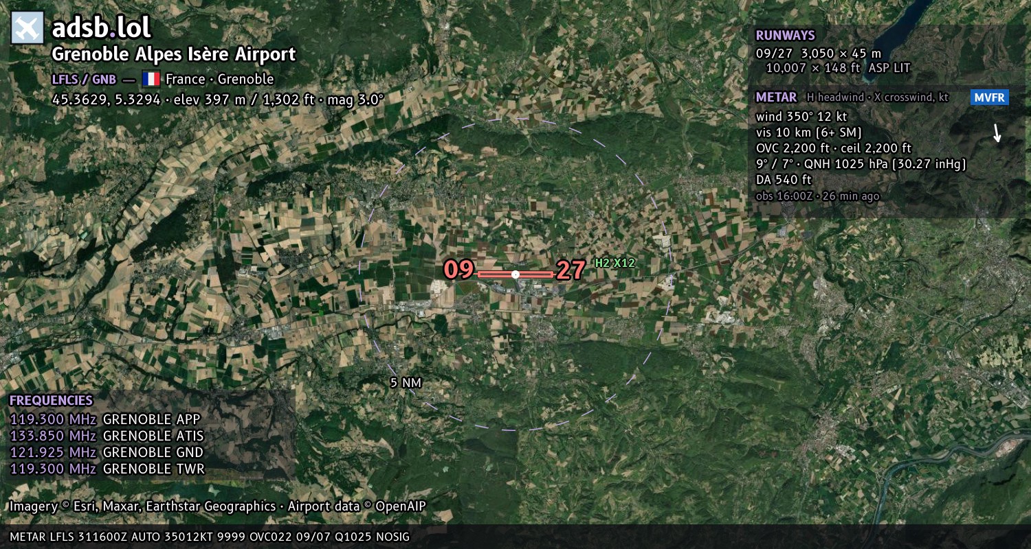 Satellite map with the runway layout of Grenoble Alpes Isère Airport (LFLS)