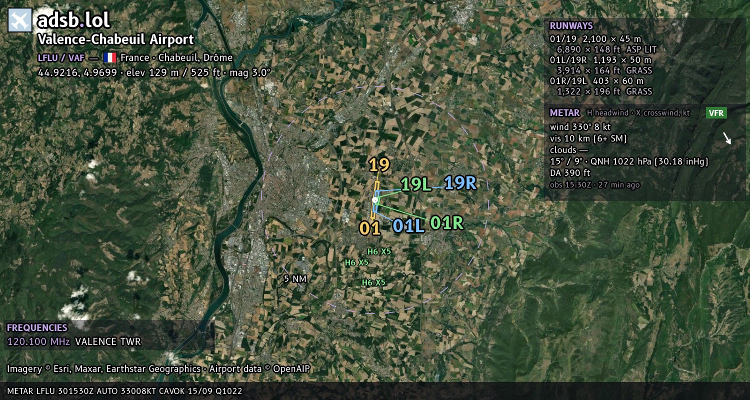 Satellite map with the runway layout of Valence-Chabeuil Airport (LFLU)