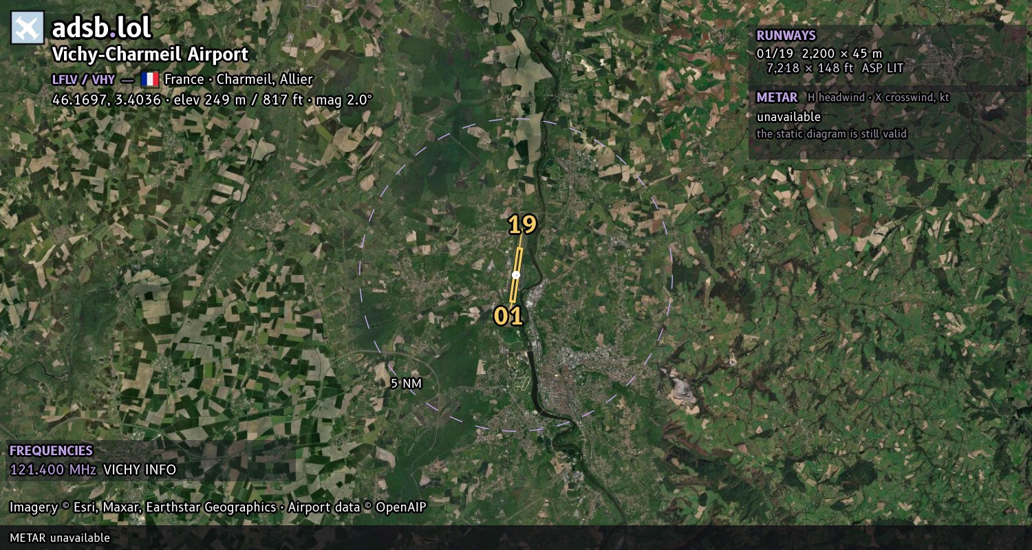 Satellite map with the runway layout of Vichy-Charmeil Airport (LFLV)