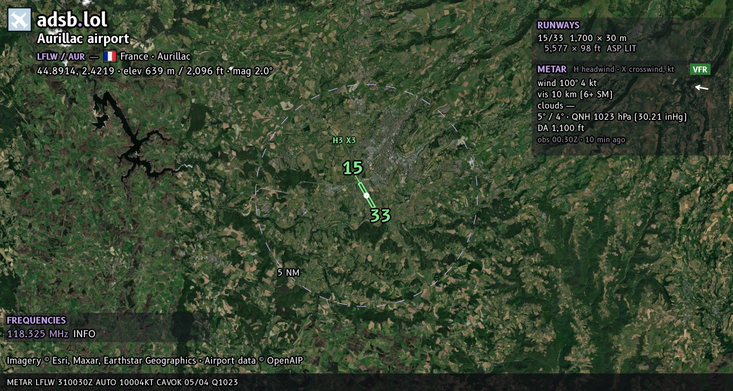Satellite map with the runway layout of Aurillac airport (LFLW)