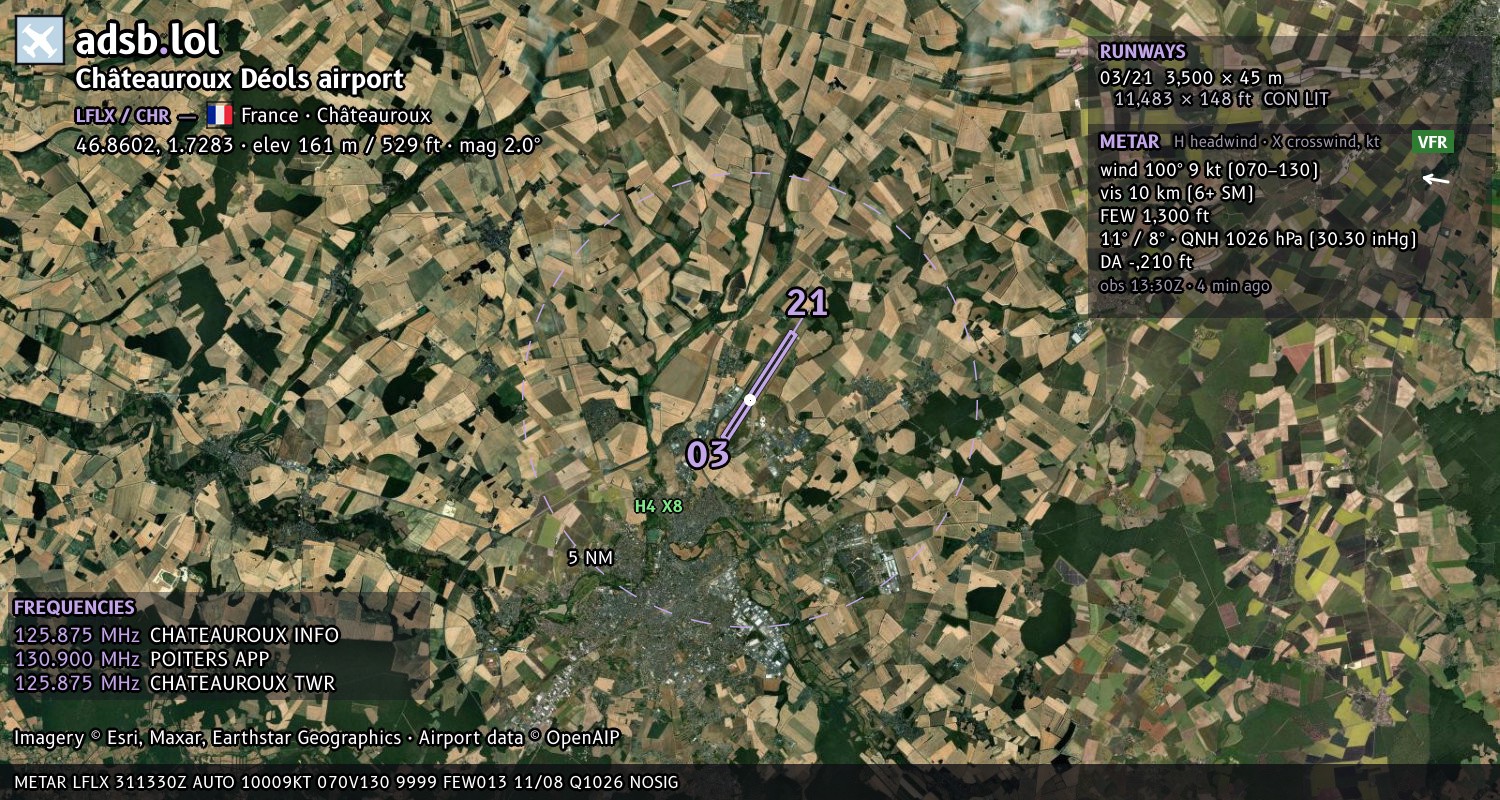 Satellite map with the runway layout of Châteauroux Déols airport (LFLX)