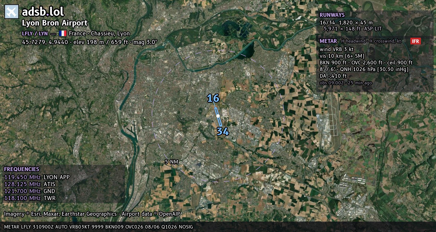 Satellite map with the runway layout of Lyon Bron Airport (LFLY)