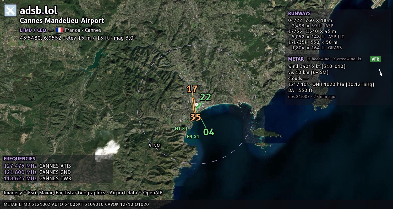 Satellite map with the runway layout of Cannes Mandelieu Airport (LFMD)