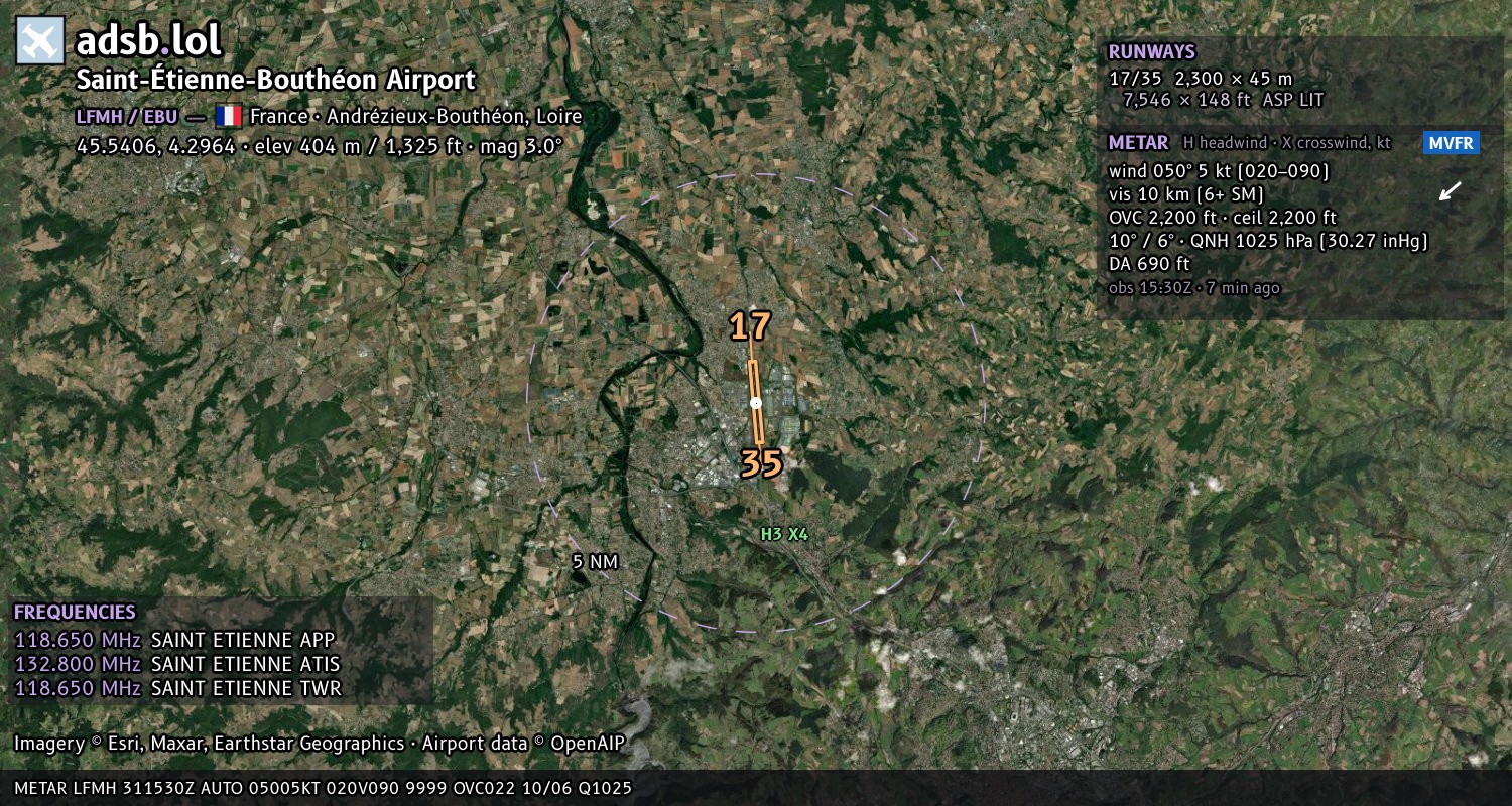 Satellite map with the runway layout of Saint-Étienne-Bouthéon Airport (LFMH)