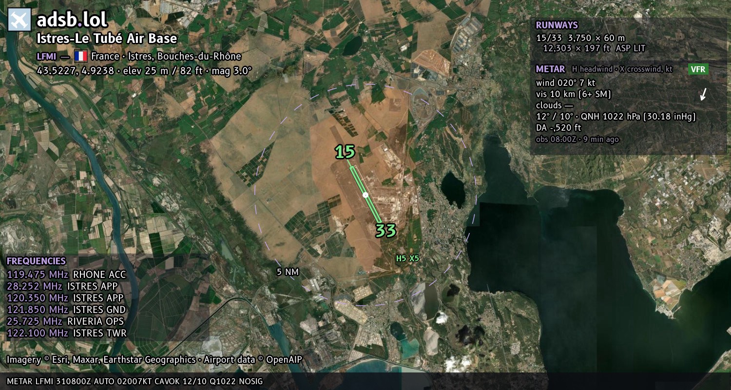 Satellite map with the runway layout of Istres-Le Tubé Air Base (LFMI)