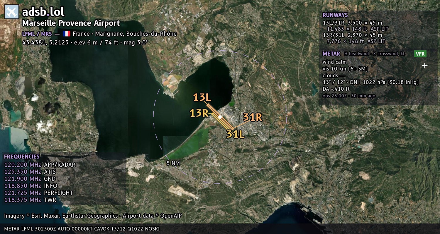 Satellite map with the runway layout of Marseille Provence Airport (LFML)