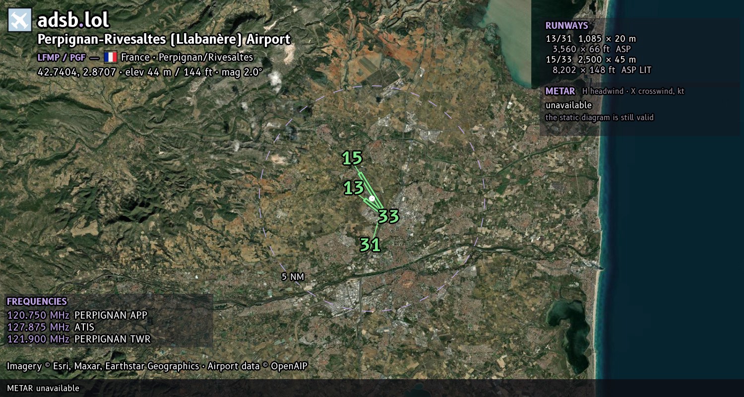 Satellite map with the runway layout of Perpignan-Rivesaltes (Llabanère) Airport (LFMP)